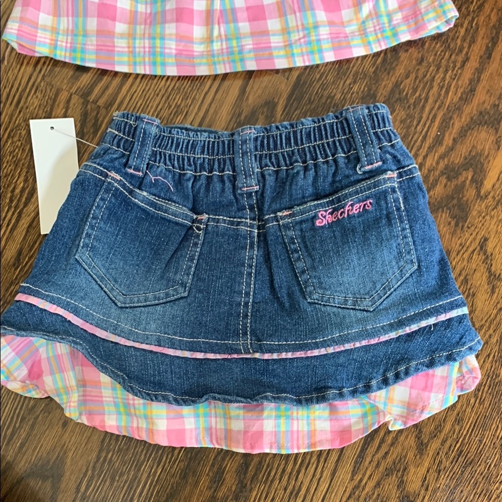 NWT Sketchers Baby Pink Plaid Top and Denim Skirt Set - 12mo - Picture 4 of 5